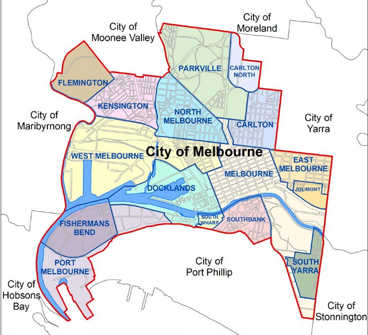 mapa de Melbourne y de los suburbios